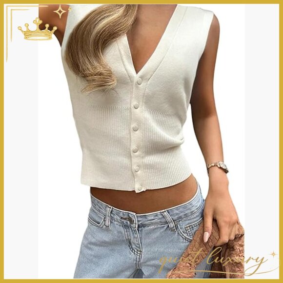 Sweaters - Sleeveless V-Neck Cropped Sweater Vest Button Front Lightweight Stretch Knit